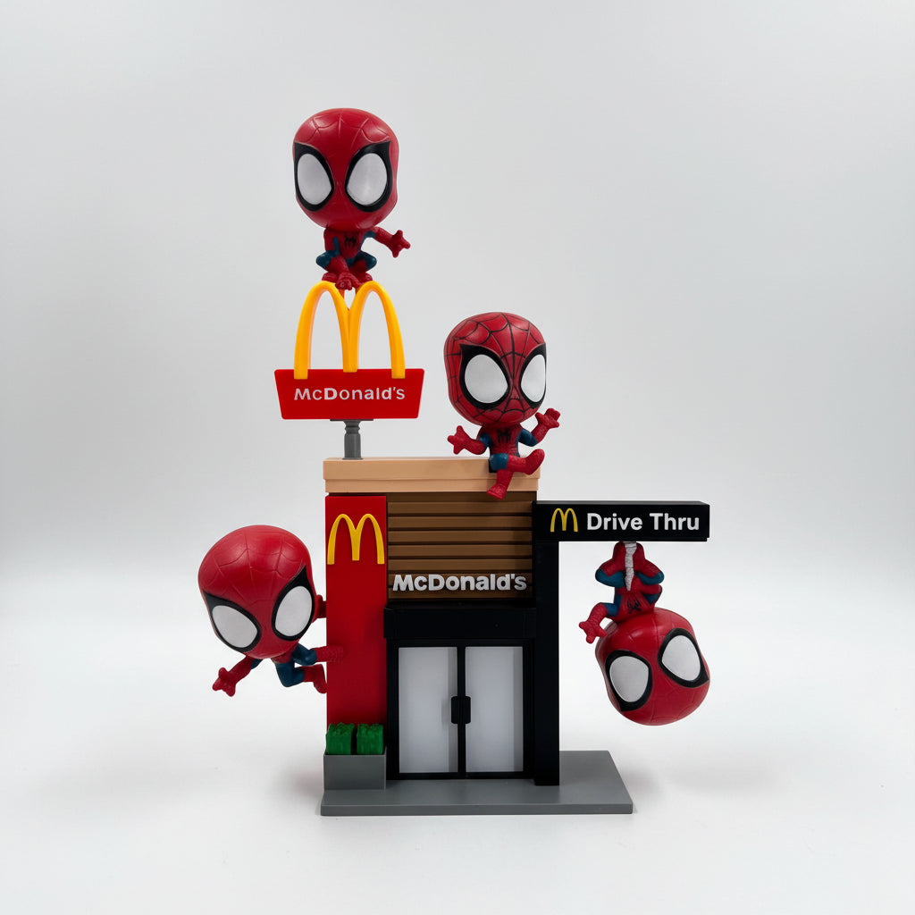 A toy set featuring four Spider-Man figures arranged around a miniature McDonald's drive-thru building, with toy signs, a small signboard, and colorful accessories on a tabletop.